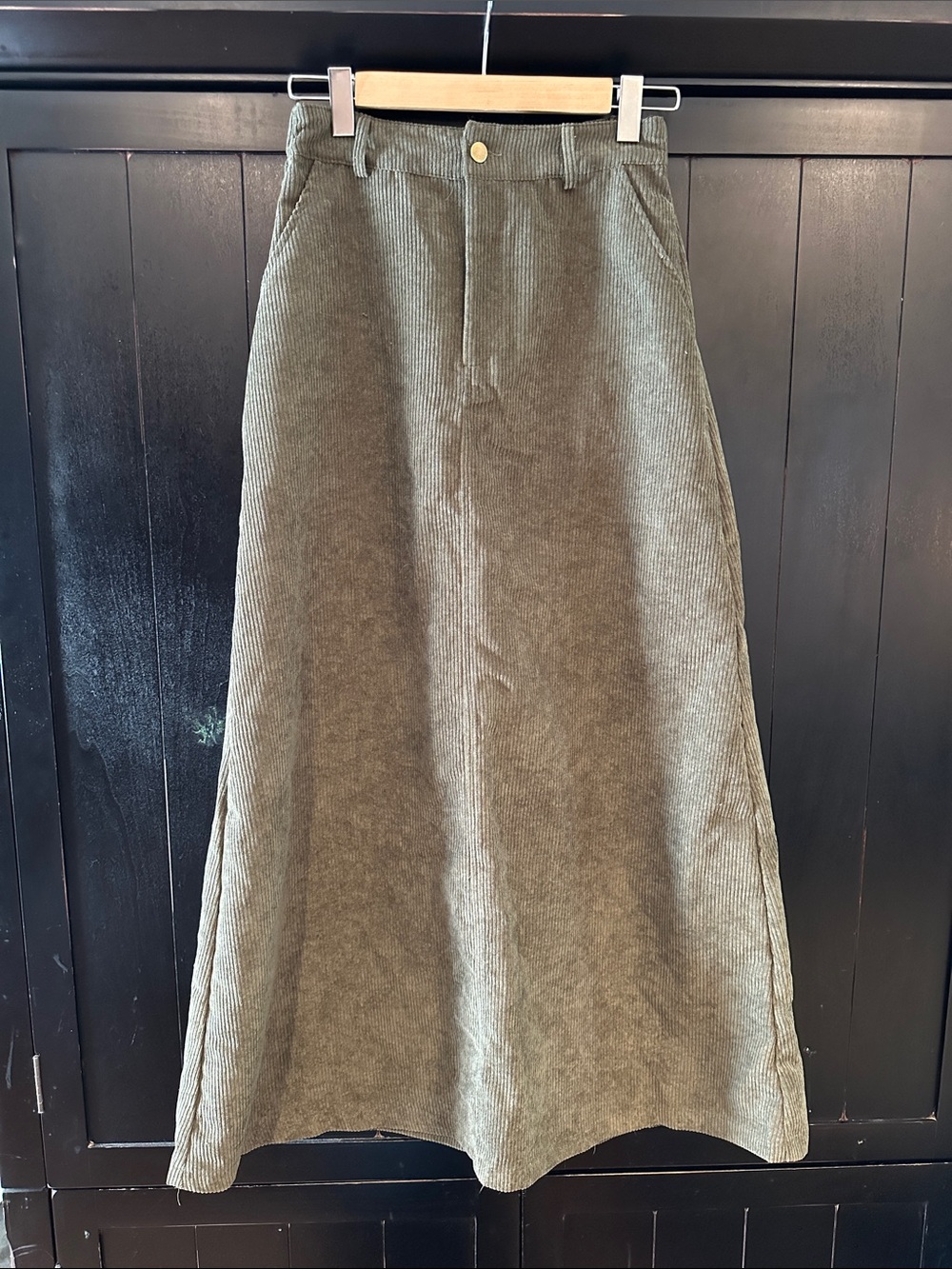 Olive Green Corduroy A-Line Maxi Skirt